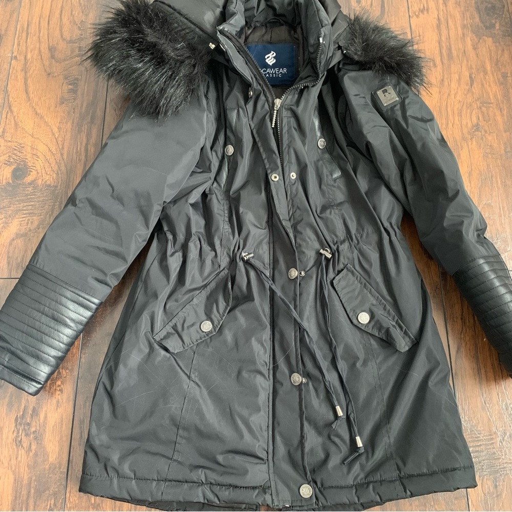 Rocawear | Black Long Faux Leather Accent Winter Parka Coat